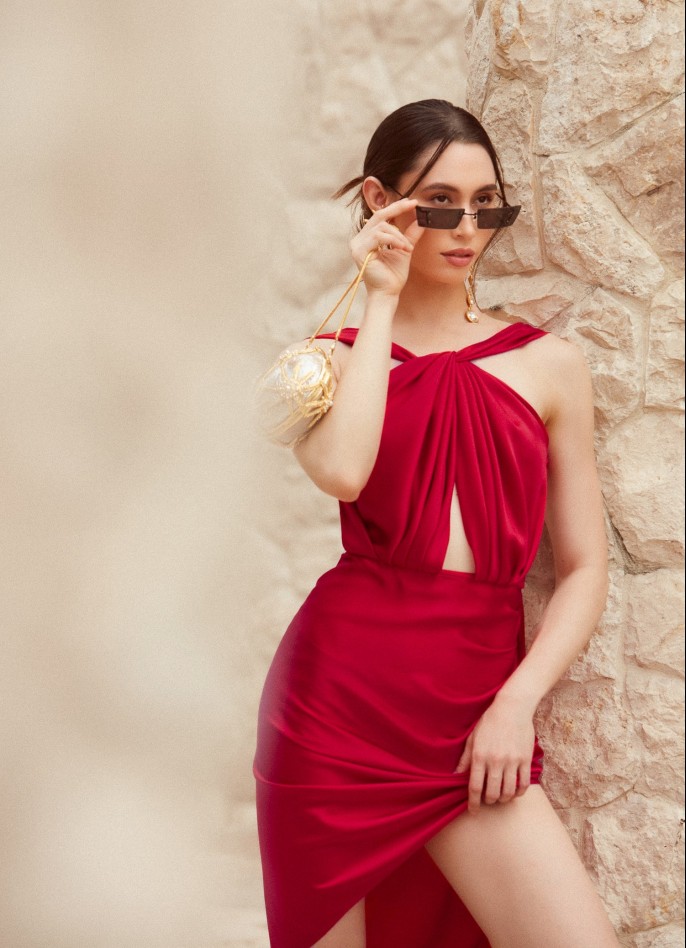 PRE-ORDER : DRAPED SILK SATIN BACKLESS DRESS - CRIMSON RED